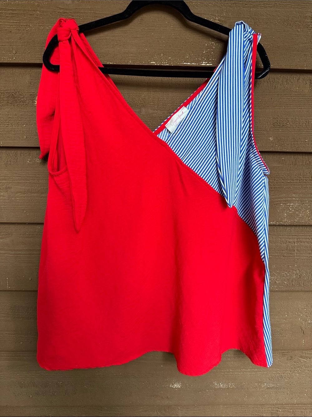 Sugarfox Shoulder Tie-Shoulder Tank with Blue-White Stripe Accent size 1X